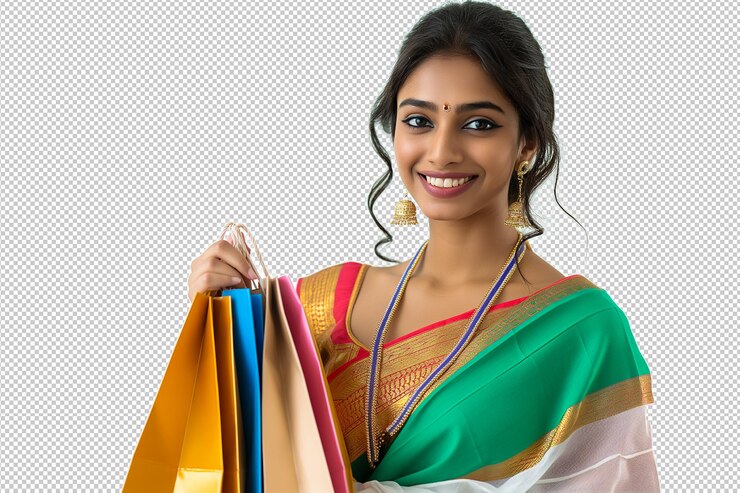 PSD una mujer india sosteniendo bolsas de compras y sonriendo