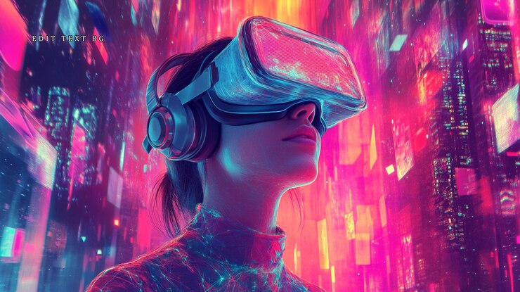 PSD mujer inmersa en el vibrante paisaje urbano de realidad virtual