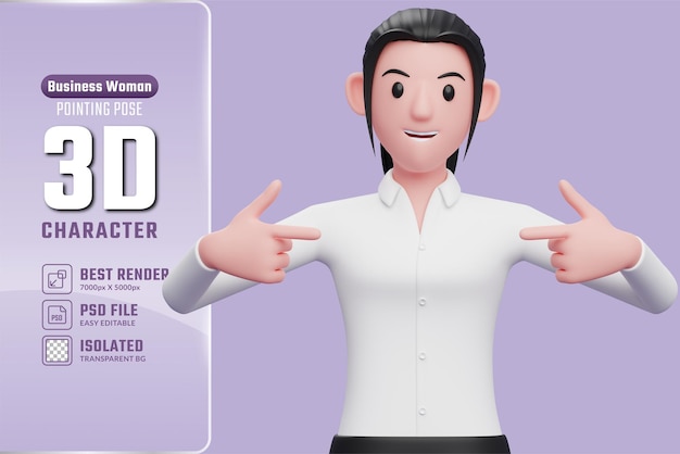 PSD mujer inteligente que se señala a sí misma 3d render mujer de negocios en camisa blanca ilustración de personaje