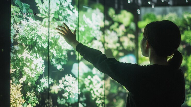 PSD mujer interactúa con una exhibición digital interactiva de plantas
