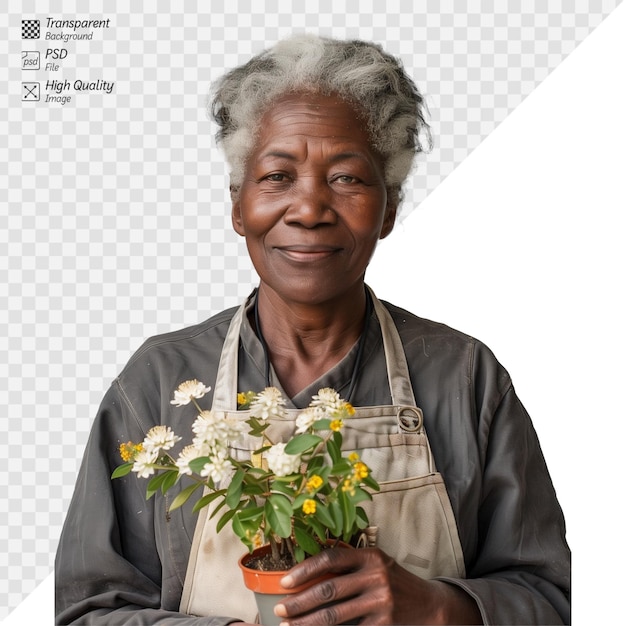 Mujer jardinera mayor sonriendo mientras sostiene flores en maceta