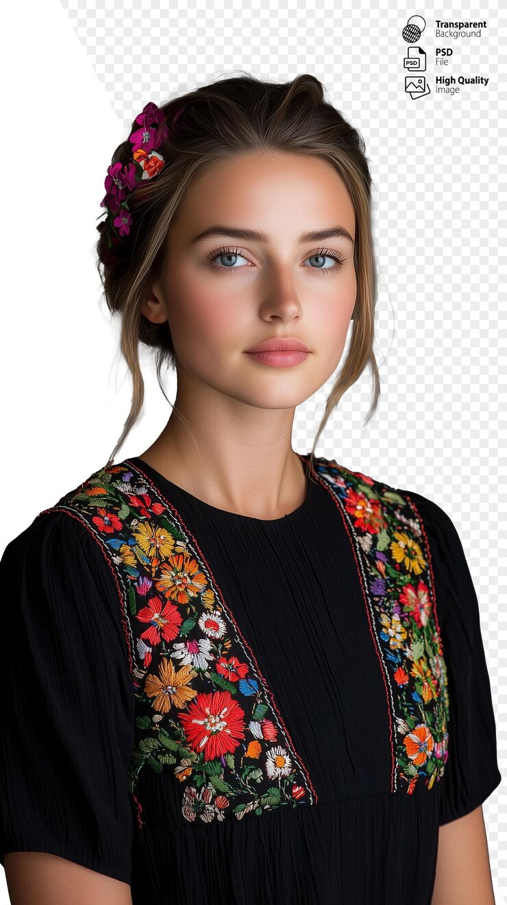 PSD mujer joven con accesorios de cabello floral y vestido bordado en fondo transparente