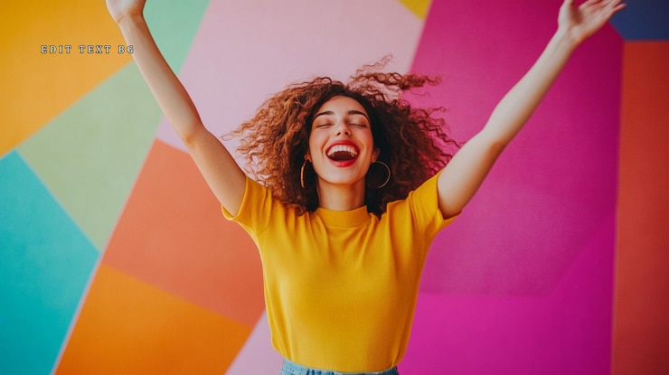 PSD mujer joven alegre con el cabello rizado celebrando contra un fondo colorido