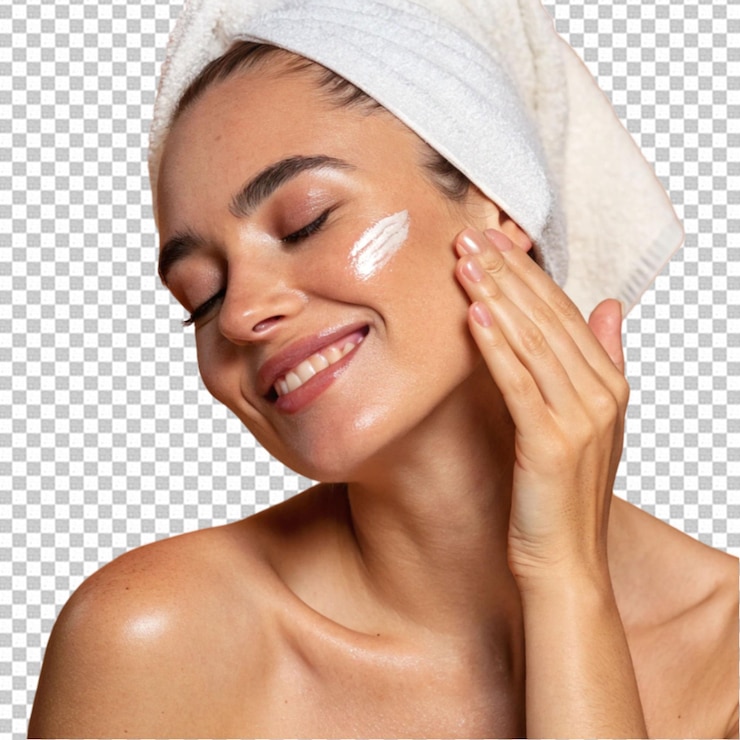 PSD mujer joven alegre de cuidado de la piel sonriendo aplicando crema hidratante en la loción facial