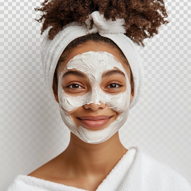 Mujer joven alegre con máscara de crema y toalla