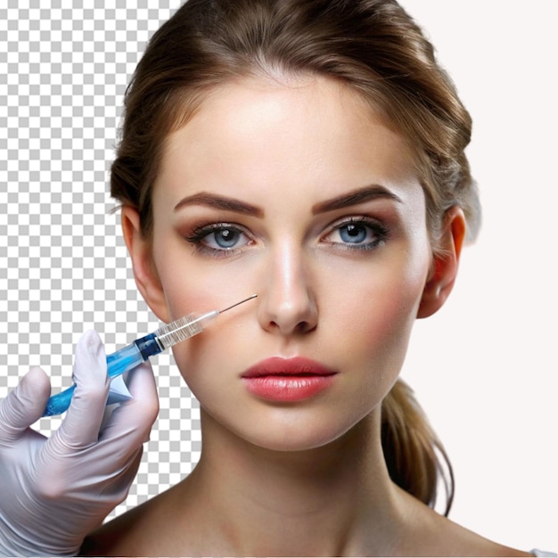Mujer joven atractiva recibiendo tratamiento de botox en un fondo transparente