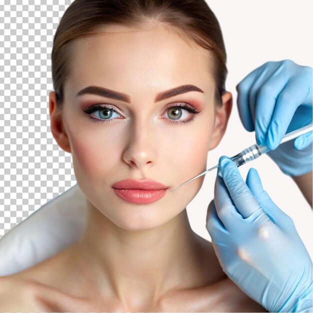Mujer joven atractiva recibiendo tratamiento de botox en un fondo transparente