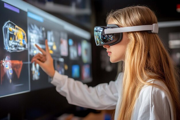 Una mujer joven con auriculares de realidad virtual interactúa con visualizaciones de datos digitales en múltiples monitores