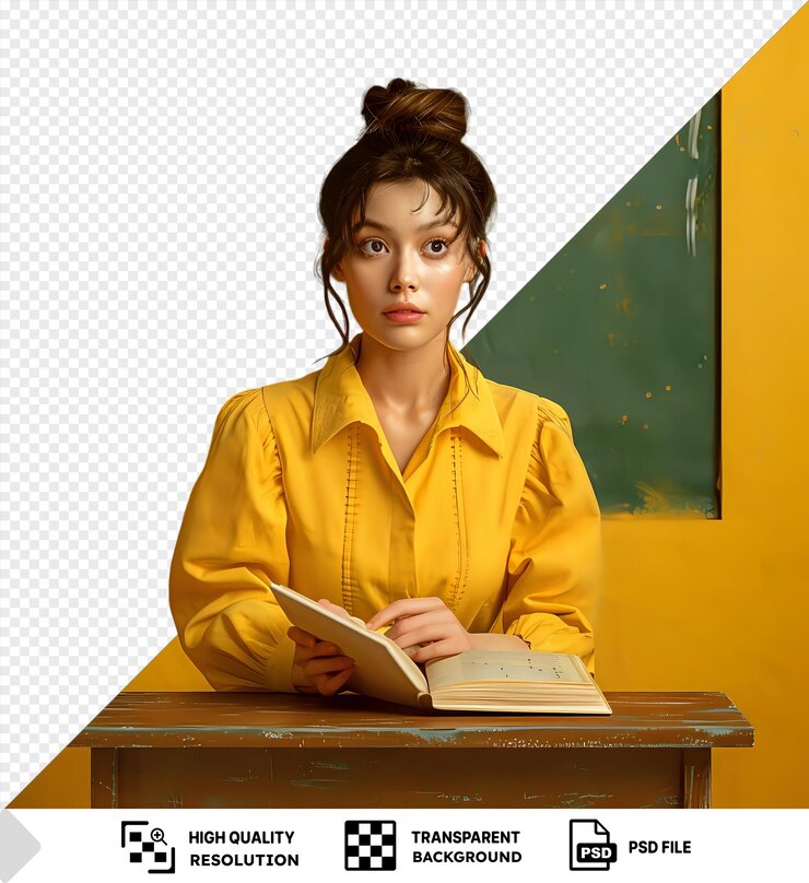 PSD mujer joven con blusa amarilla leyendo un libro con un fondo de pizarra verde aislado y transparente