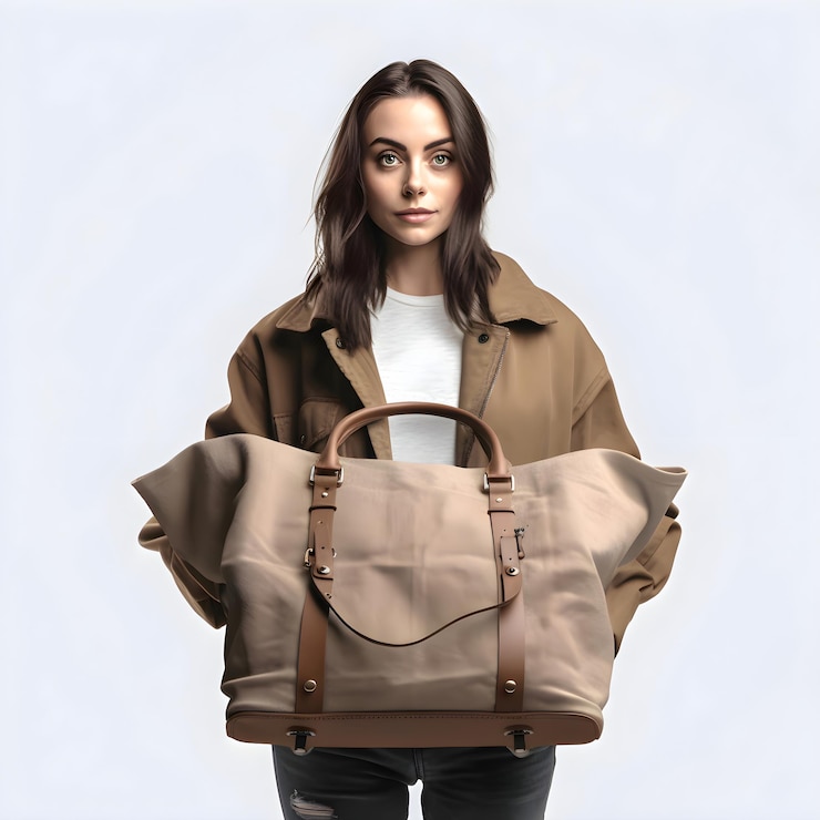 PSD mujer joven con bolsa marrón sobre fondo gris modelo de moda femenino