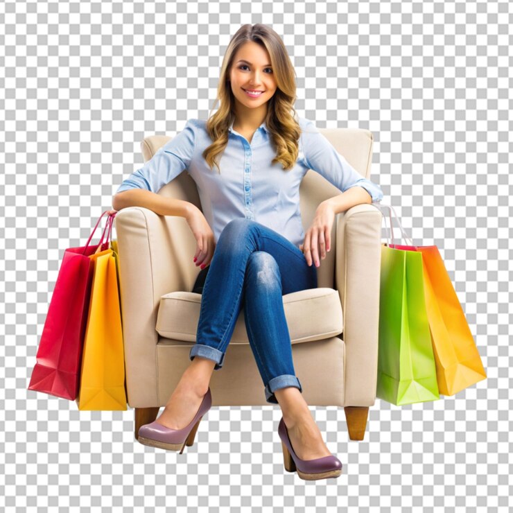 PSD mujer joven con bolsas de compras png