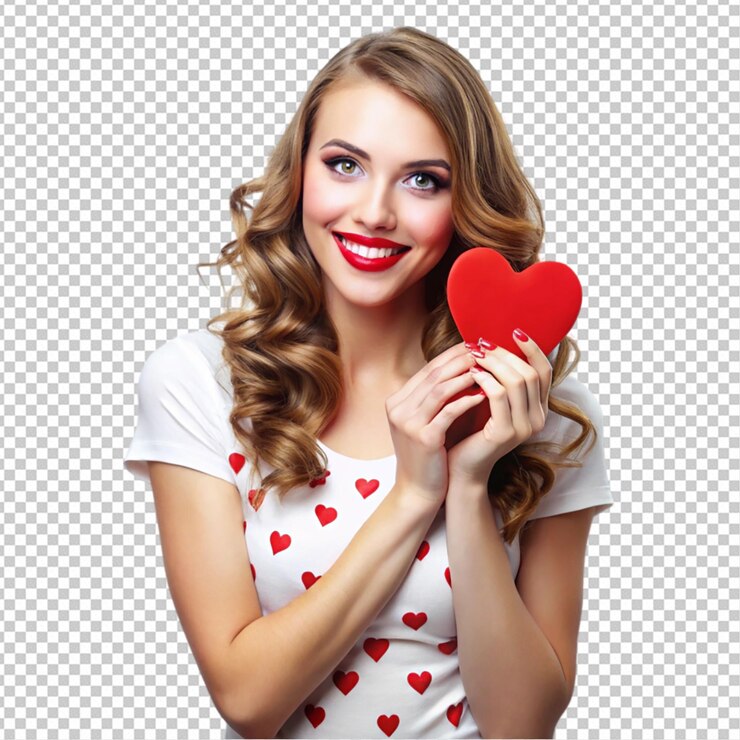 PSD una mujer joven y bonita enamorada sobre un fondo blanco.
