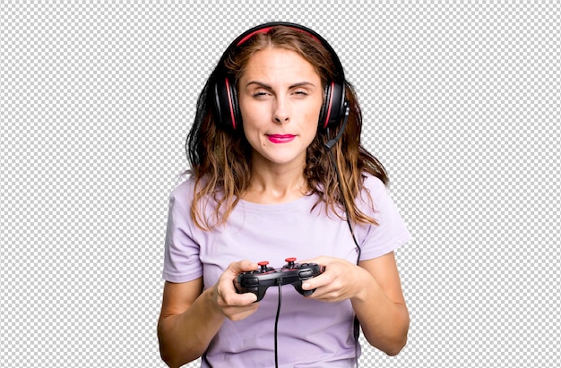 Mujer joven y bonita hispana jugando con auriculares y un concepto de jugador de control