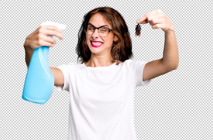 PSD mujer joven y bonita hispana sosteniendo un concepto de enfermedad de cucaracha