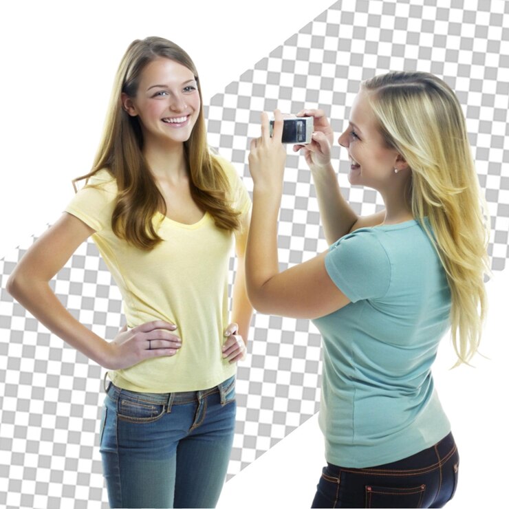 PSD mujer joven, bonita, sonriente y feliz tomando una selfie aislada en un fondo transparente
