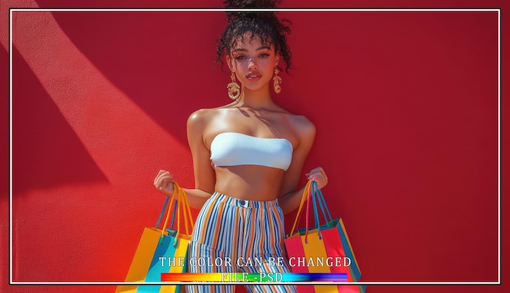 PSD una mujer joven con el cabello rizado y bolsas de compras de colores se encuentra frente a una pared roja