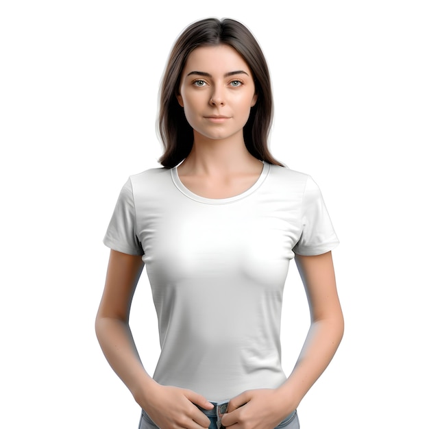 PSD mujer joven con una camiseta blanca en blanco aislada sobre un fondo blanco