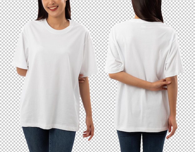 Mujer joven en camiseta blanca de gran tamaño maqueta recortada archivo Psd