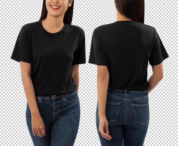 Mujer joven en camiseta negra maqueta recortada archivo Psd