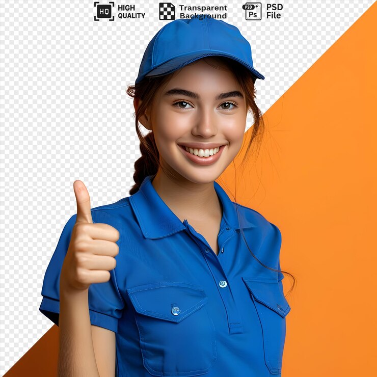 PSD una mujer joven con una camiseta de polo azul y gorra dando un gesto de pulgares hacia arriba con una gran sonrisa aislada en un fondo naranja