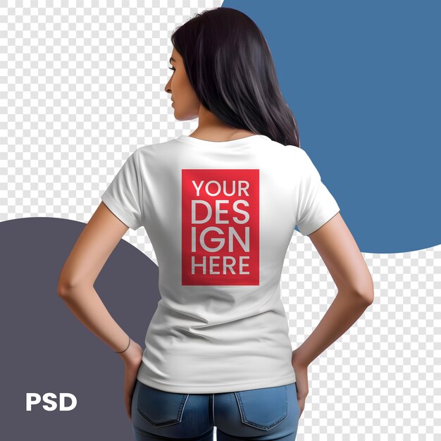 Mujer joven con una camiseta con el texto usted es contratado psd mockup