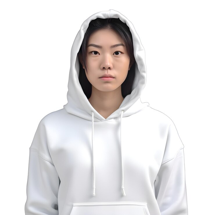 PSD mujer joven con capucha blanca en fondo blanco renderizado en 3d