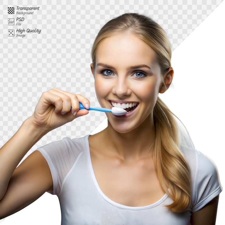 PSD mujer joven cepillándose los dientes con ropa casual aislada