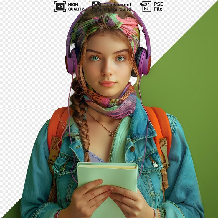 PSD mujer joven con una chaqueta de vaqueros con una mochila con auriculares y sosteniendo un libro mientras mira a la cámara con una expresión seria aislada sobre un fondo transparente
