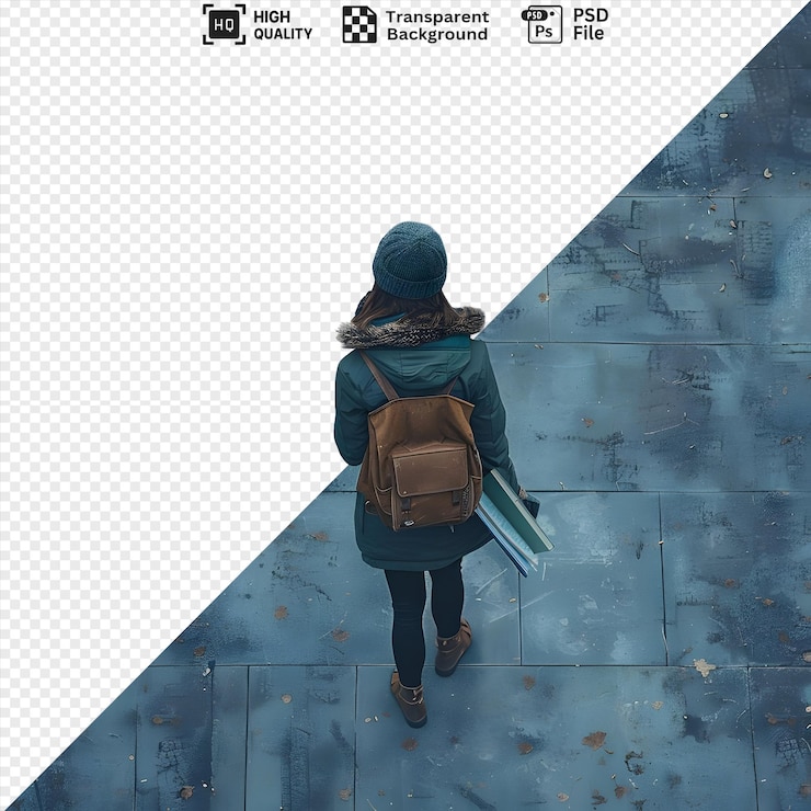 PSD una mujer joven con una chaqueta verde y un gorro camina por una acera de baldosas con una mochila marrón que lleva libros vistos desde arriba aislados en un fondo transparente
