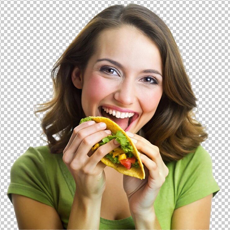 PSD mujer joven comiendo taco fondo transparente