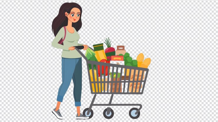 PSD mujer joven comprando comestibles aislada en un fondo blanco para temas de estilo de vida y salud