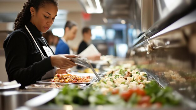 Mujer joven concentrada preparando comida en una cocina comercial preparando platos de varias ensaladas y verduras