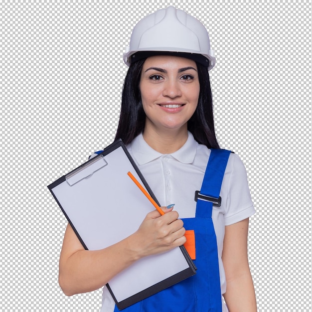 Mujer joven constructor en uniforme de construcción y casco de seguridad con portapapeles y lápiz mirando al frente, feliz y positivo, sonriente, confiado de pie sobre la pared púrpura