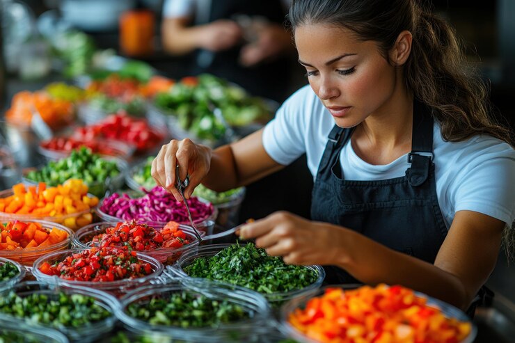 PSD una mujer joven con un delantal prepara comida en la cocina de un restaurante