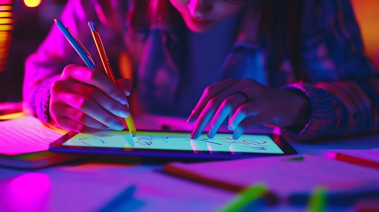 PSD mujer joven dibujando en una tableta digital con lápices de colores en una vibrante iluminación de neón