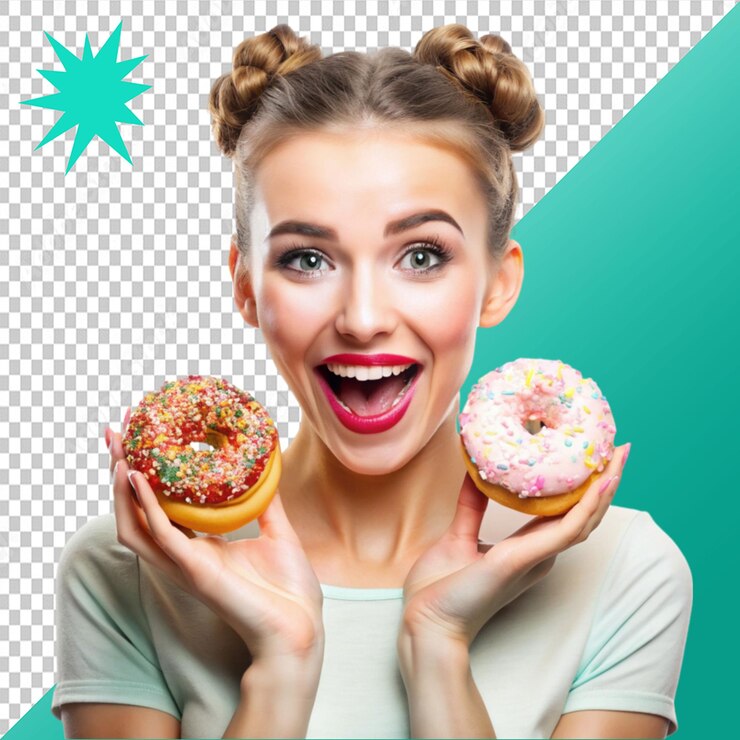 PSD mujer joven divertida con rosquillas sabrosas en un fondo transparente