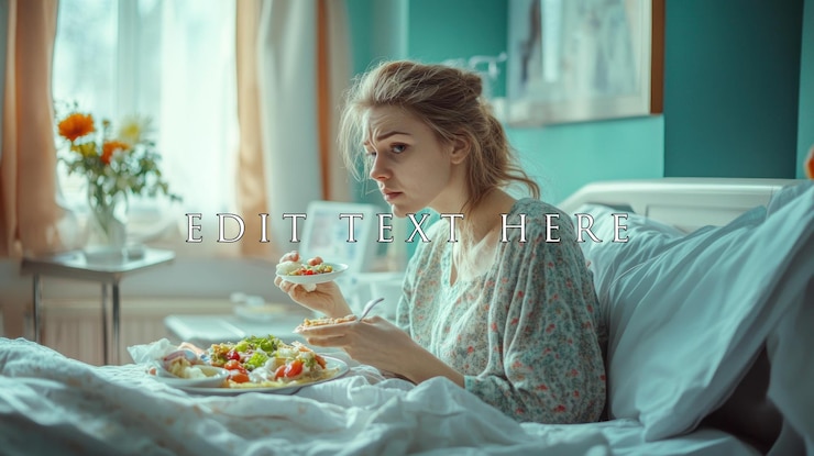 PSD mujer joven enferma comiendo en la cama pareciendo enferma
