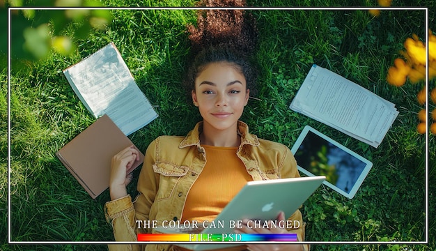 Una mujer joven está acostada en la hierba con una computadora portátil, libros y una tableta.
