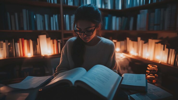 PSD mujer joven estudiando por la noche en una biblioteca rodeada de libros y luz cálida