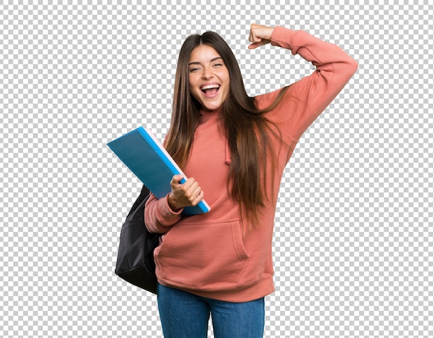 Mujer joven estudiante sosteniendo cuadernos celebrando una victoria