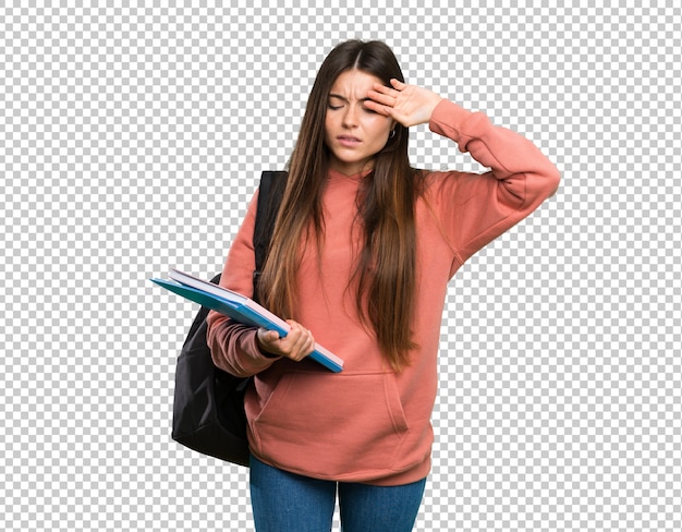 Mujer joven estudiante sosteniendo cuadernos con expresión cansada y enferma