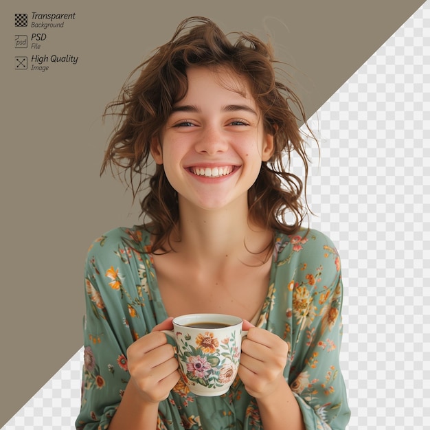 PSD mujer joven feliz disfrutando de café sobre un fondo transparente