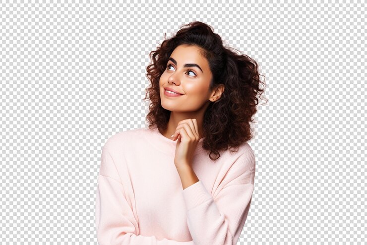 Una mujer joven feliz y pensando aislada en un fondo transparente