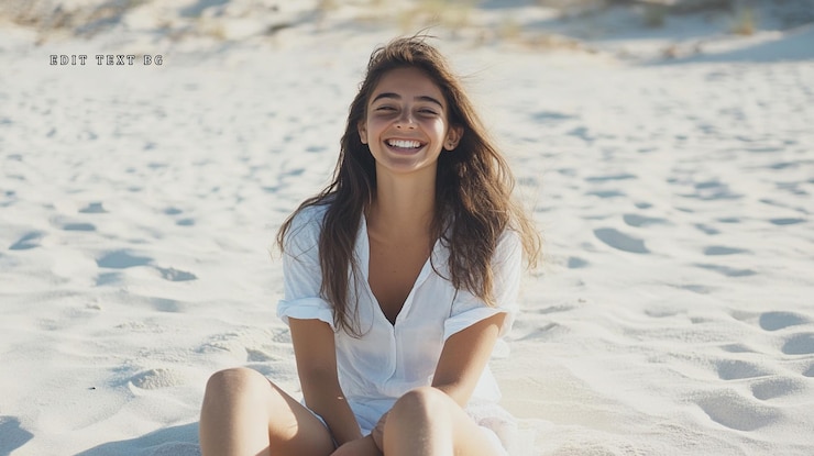 PSD mujer joven feliz riendo en la playa de arena