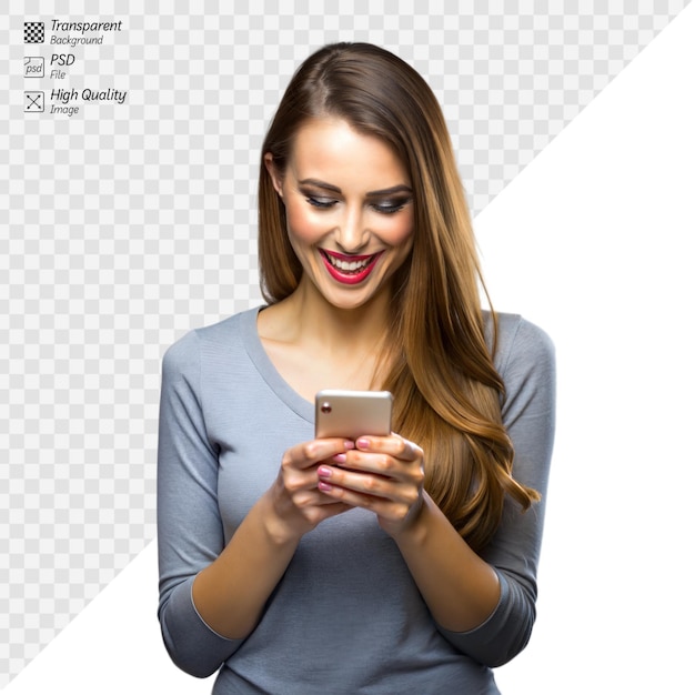 PSD mujer joven feliz sonriendo mientras usa su teléfono inteligente