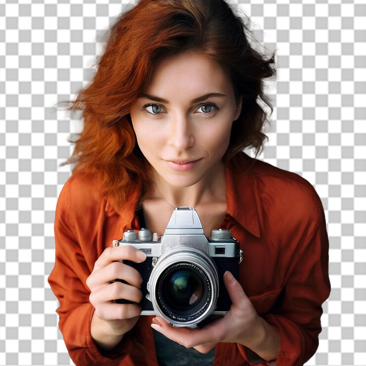 PSD mujer joven fotografiando a través de la cámara en la playa