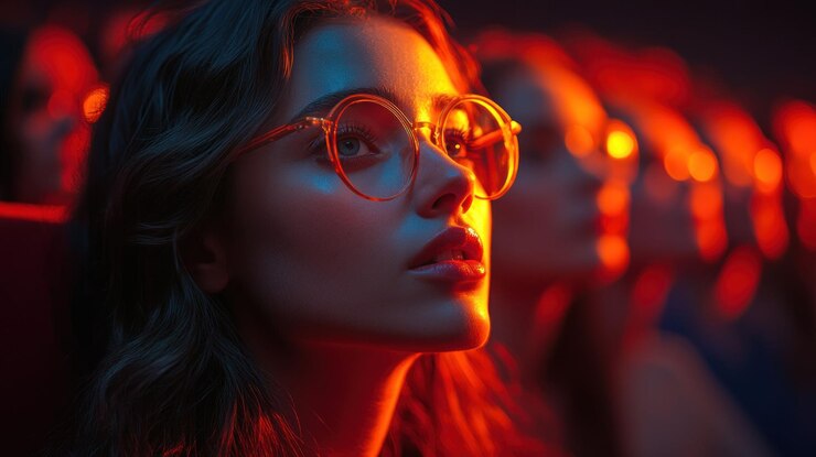 PSD una mujer joven con gafas mira hacia arriba en un teatro oscuro está rodeada de otras personas disfrutando de una película