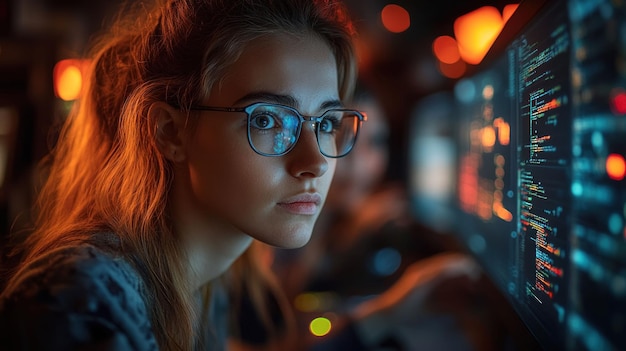 Una mujer joven con gafas mira atentamente una pantalla de computadora que muestra líneas de código