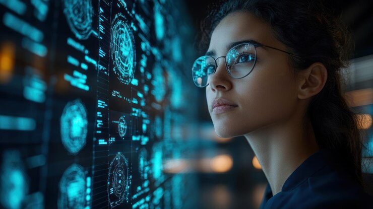 PSD una mujer joven con gafas mira una gran pantalla que muestra visualizaciones de datos y gráficos