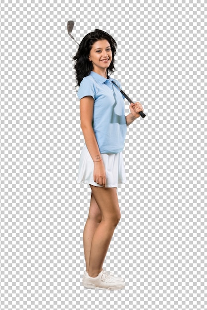 PSD mujer joven golfista sonriendo mucho